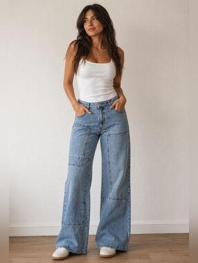 Comfort Wide Leg Jeans Patch Pocket Relaxed Denim 31